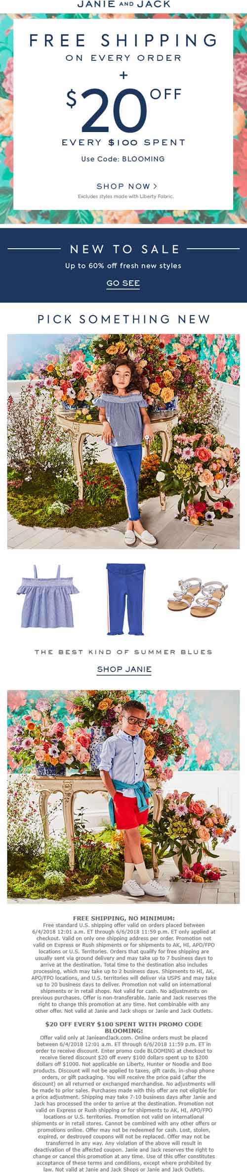 Janie and Jack Coupon March 2024 $20 off every $100 online today at Janie and Jack via promo code BLOOMING