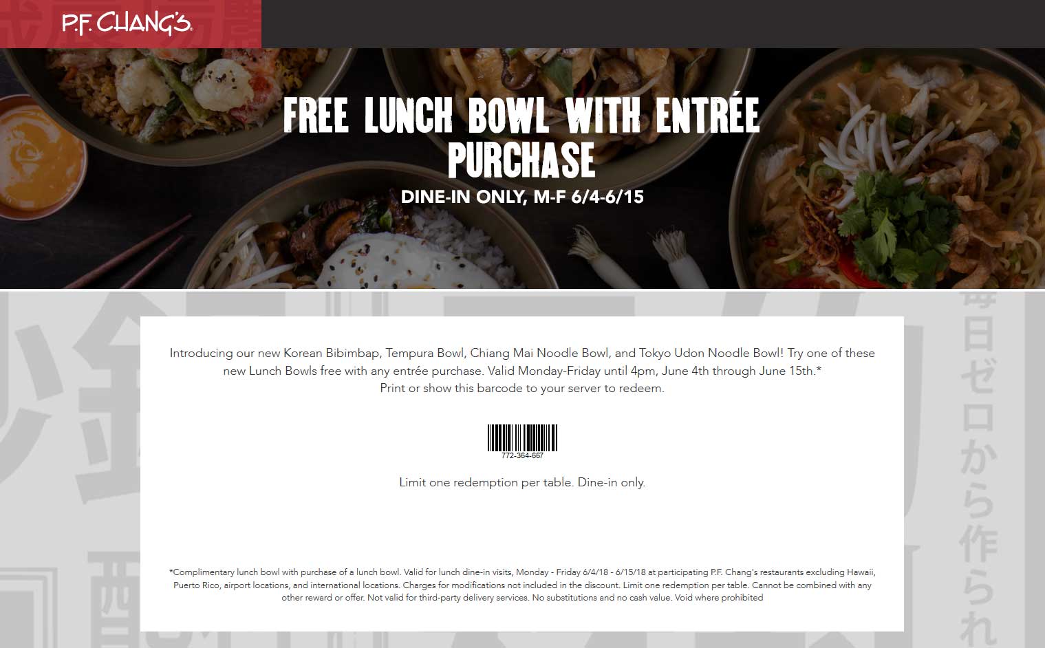 P.F. Changs Coupon April 2024 Free lunch bowl at P.F. Changs