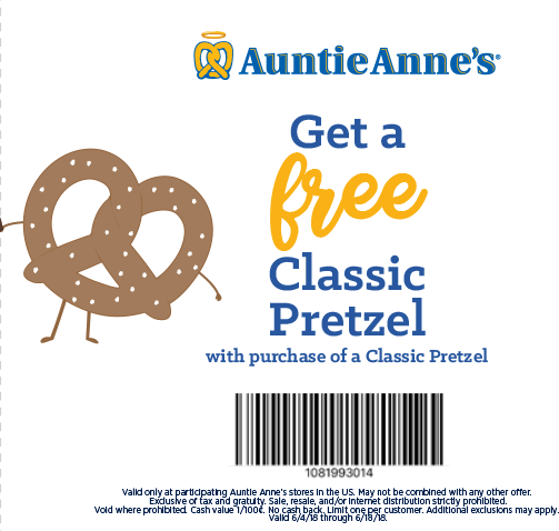 Auntie Annes Coupon April 2024 Second pretzel free at Auntie Annes