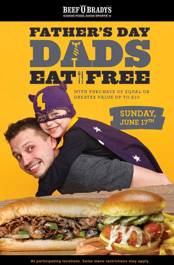 Beef OBradys Coupon April 2024 Dad eats free Fathers Day at Beef OBradys restaurants