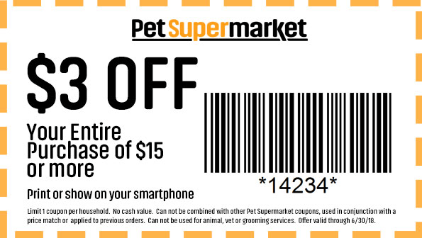 Pet Supermarket Coupon April 2024 $3 off $15 at Pet Supermarket