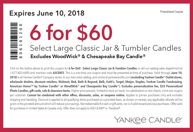 Yankee Candle Coupon April 2024 Large candles are 6 for $60 today at Yankee Candle, or online via promo code 6SCENTS