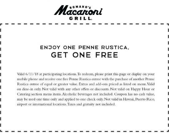 Macaroni Grill Coupon April 2024 Second penne rustica entree free today at Macaroni Grill