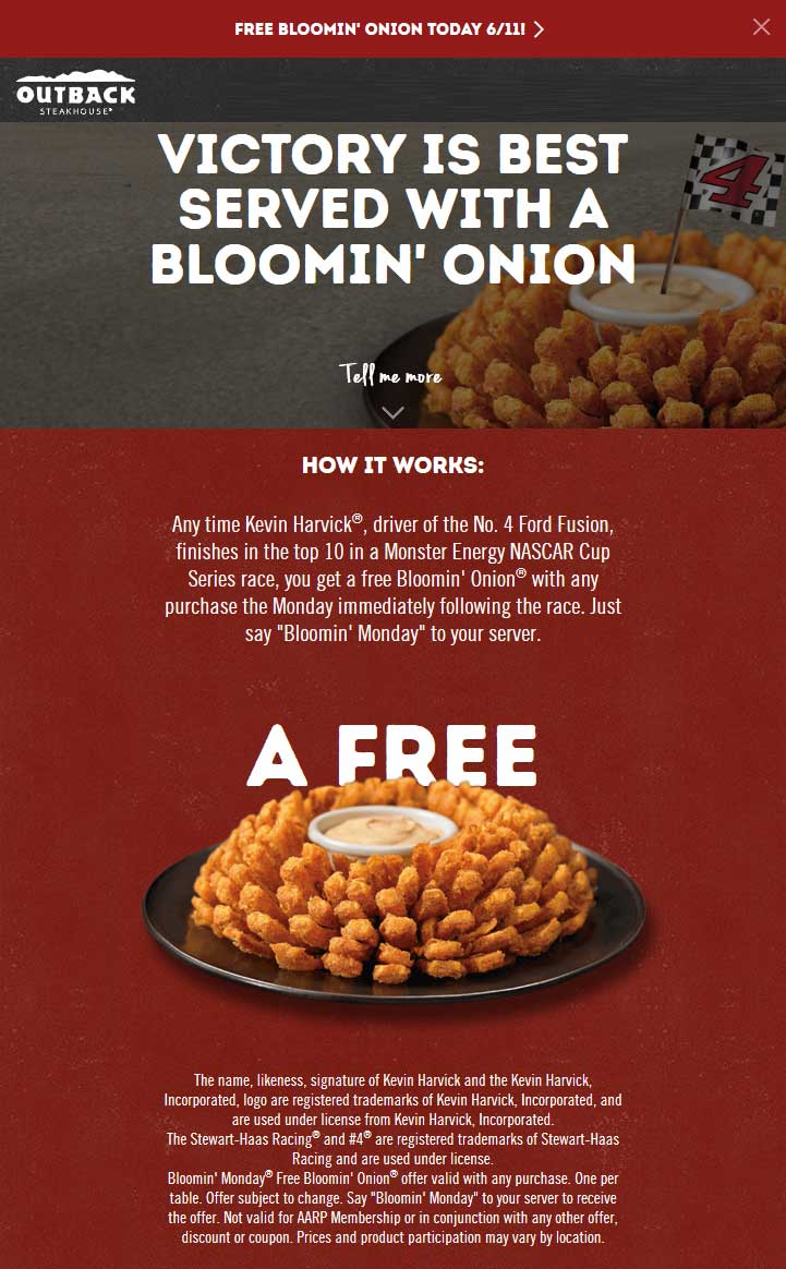Outback Steakhouse Coupon March 2024 Free bloomin onion today at Outback Steakhouse restaurants
