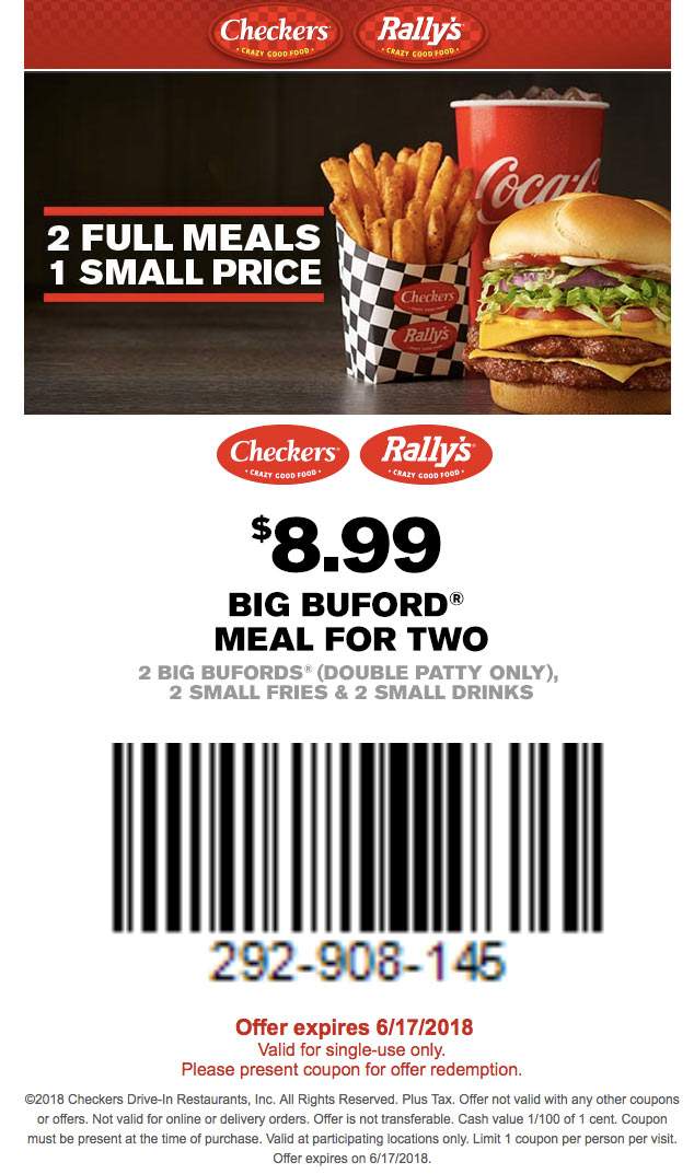 Checkers Coupon April 2024 2 double cheeseburgers + 2 fries + 2 drinks = $9 at Checkers & Rallys