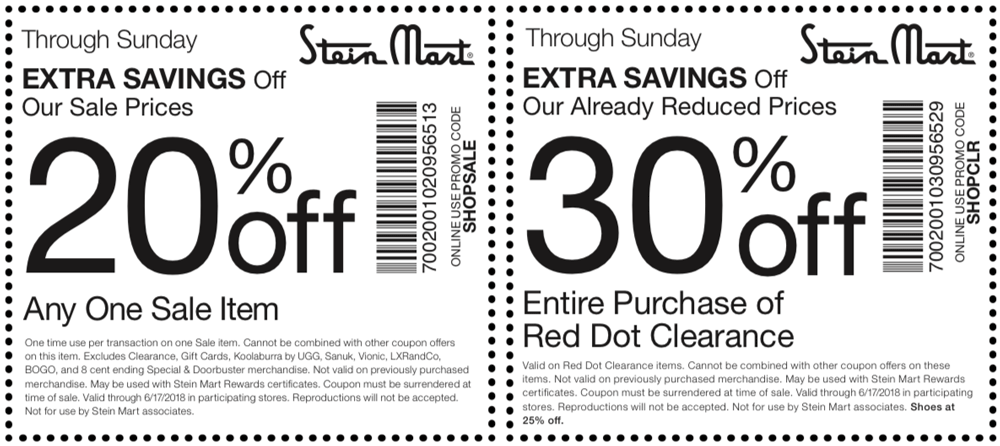 Stein Mart Coupon April 2024 20% off a single sale item & more at Stein Mart, or online via promo code SHOPSALE