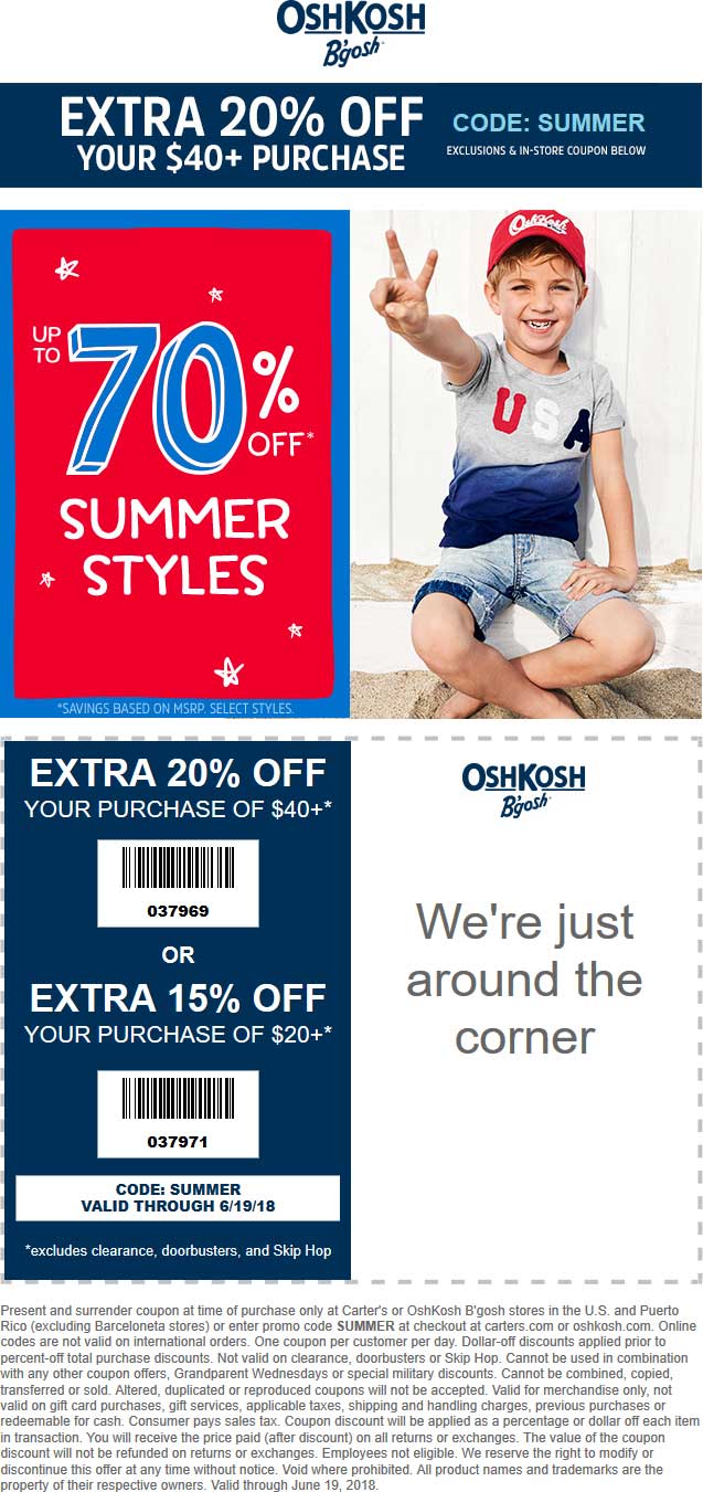 OshKosh Bgosh Coupon April 2024 20% off $40 at OshKosh Bgosh, or online via promo code SUMMER