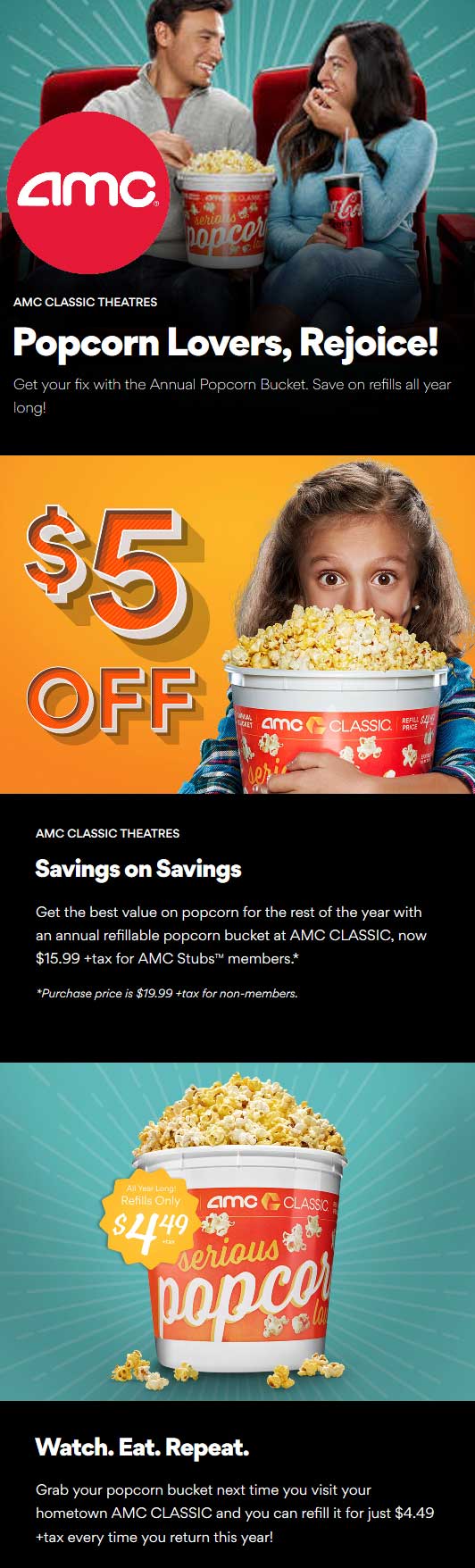 AMC Theaters Coupon April 2024 $16 popcorn has $4.50 refills all year at AMC Theaters