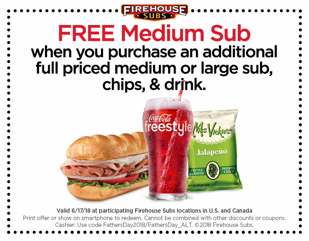 Firehouse Subs Coupon April 2024 Free medium sub sandwich with your meal Sunday at Firehouse Subs
