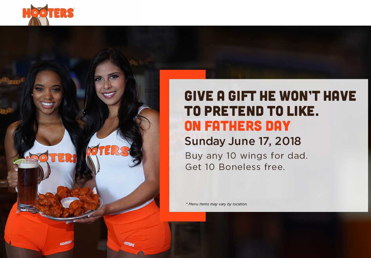 Hooters Coupon April 2024 Second 10pc wings free Sunday at Hooters restaurants
