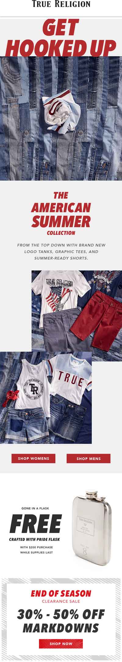 True Religion Coupon April 2024 30-50% off markdowns + free flask at True Religion, ditto online
