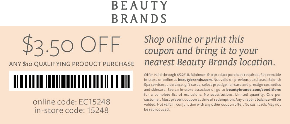 Beauty Brands Coupon March 2024 $3.50 off $10 at Beauty Brands, or online via promo code EC15248