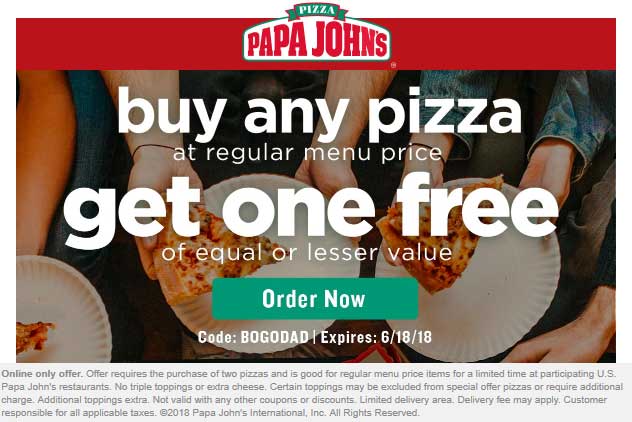 Papa Johns Coupon April 2024 Second pizza free at Papa Johns via promo code BOGODAD