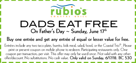 Rubios Coupon April 2024 Dad eats free Sunday at Rubios Coastal Grill