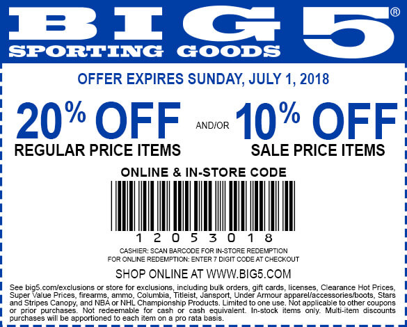 Big 5 Coupon March 2024 20% off at Big 5 sporting goods, or online via promo code 12053018