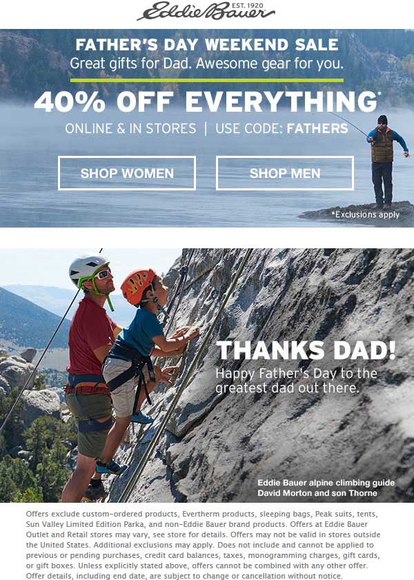Eddie Bauer Coupon April 2024 40% off everything at Eddie Bauer, or online via promo code FATHERS