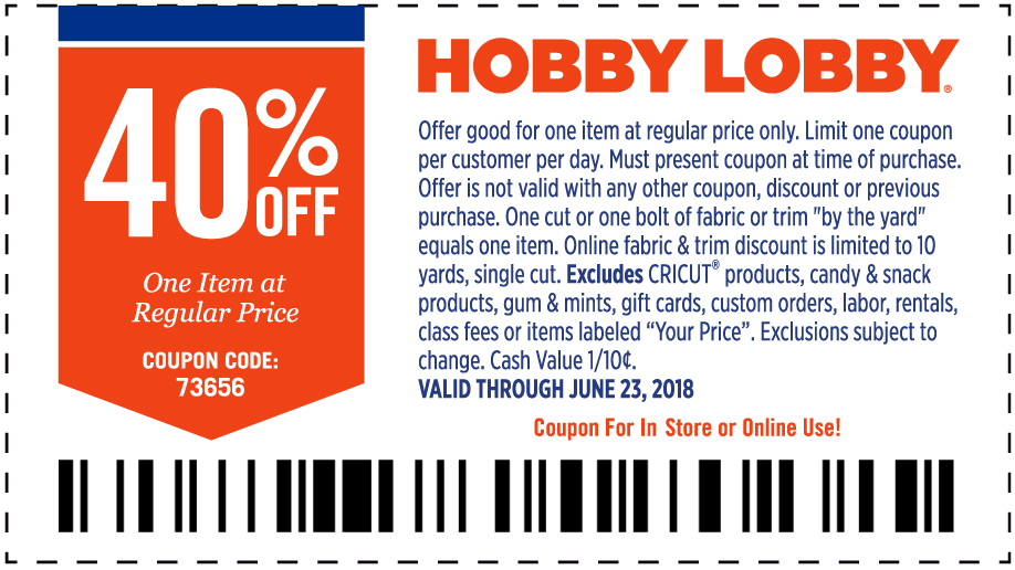 Hobby Lobby Coupon April 2024 40% off a single item at Hobby Lobby, or online via promo code 73656