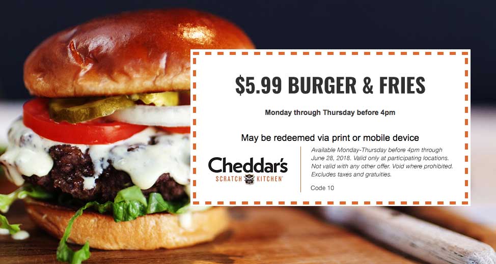 Cheddars Scratch Kitchen Coupon April 2024 $6 burger & fries at Cheddars Scratch Kitchen