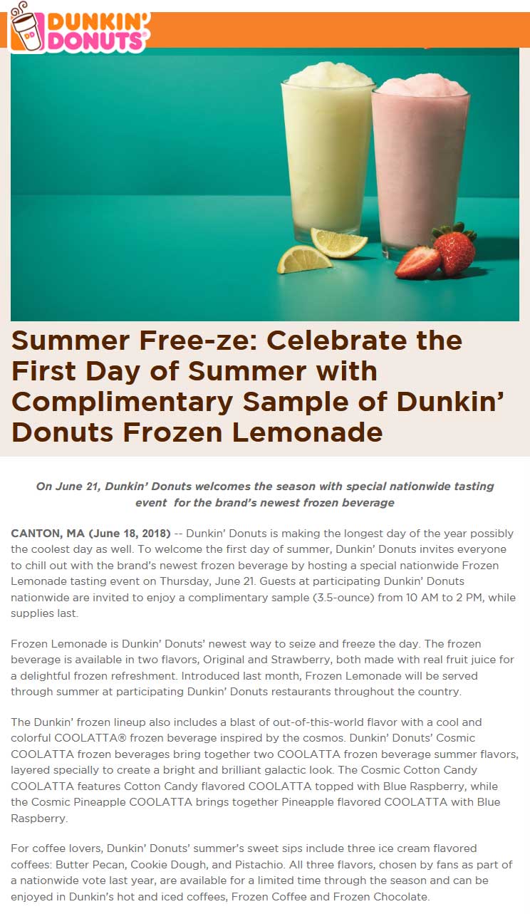 Dunkin Donuts Coupon April 2024 3.5oz frozen lemonade free 10a-2p Thursday at Dunkin Donuts