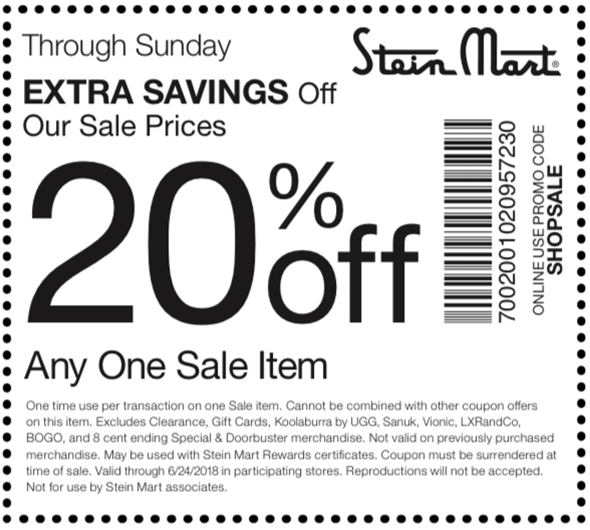 Stein Mart Coupon April 2024 20% off a single sale item at Stein Mart, or online via promo code SHOPSALE