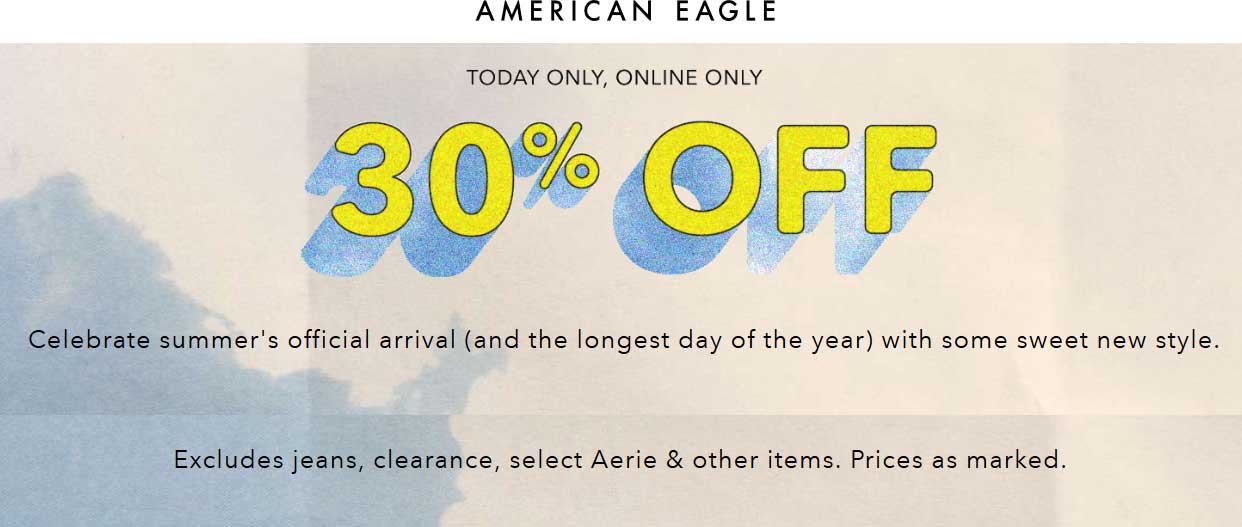 American Eagle Outfitters Coupon April 2024 30% off online today at American Eagle Outfitters