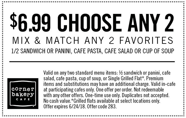 Corner Bakery Coupon March 2024 Choose 2 for $7 at Corner Bakery Cafe