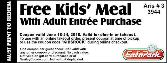 Eat N Park Coupon March 2024 Free kids meal with yours at Eat N Park, or online via promo code KIDSROCK