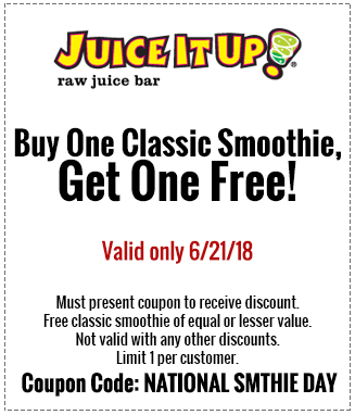 Juice It Up Coupon April 2024 Second smoothie free today at Juice It Up