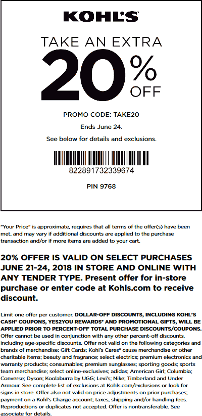 Kohls Coupon April 2024 20% off at Kohls, or online via promo code TAKE20