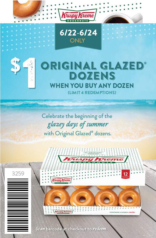 Krispy Kreme Coupon March 2024 Second dozen donuts for $1 at Krispy Kreme