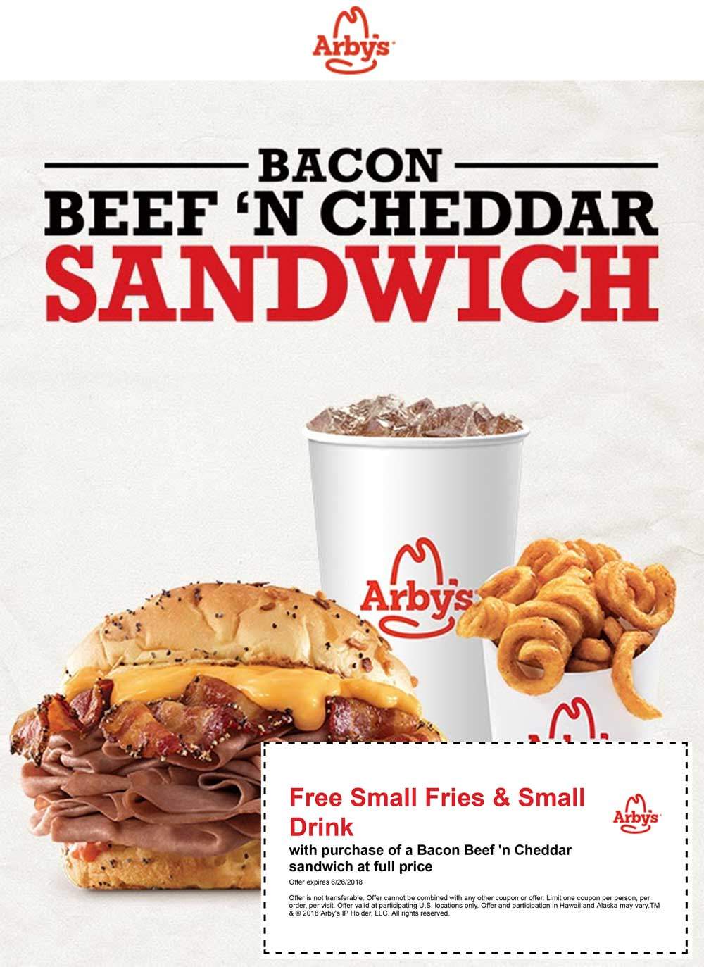 Arbys Coupon April 2024 Free fries & drink with your bacon beef n cheddar at Arbys