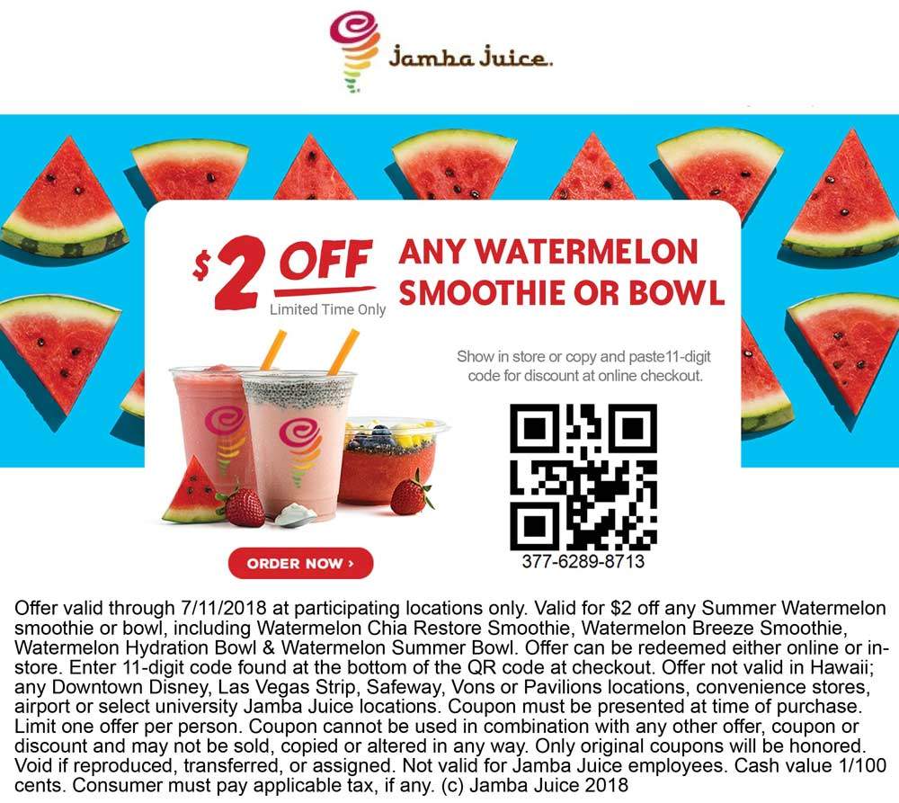 Jamba Juice Coupon April 2024 $2 off a watermelon smoothie at Jamba Juice