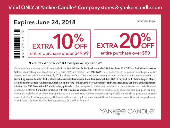 Yankee Candle Coupon April 2024 10-20% off at Yankee Candle, or online via promo code TAKETWTY