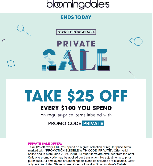 Bloomingdales Coupon April 2024 $25 off every $100 today at Bloomingdales, or online via promo code PRIVATE