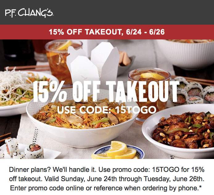 P.F. Changs Coupon April 2024 15% off takeout at P.F. Changs restaurants via promo code 15TOGO