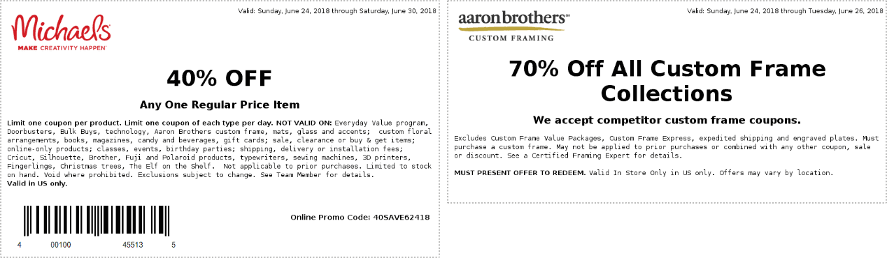 Michaels Coupon April 2024 40% off a single item at Michaels, or online via promo code 40SAVE62418