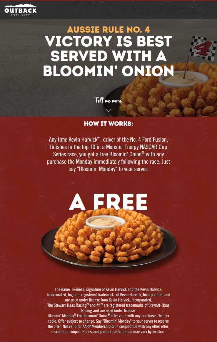 Outback Steakhouse Coupon April 2024 Free bloomin onion appetizer today at Outback Steakhouse