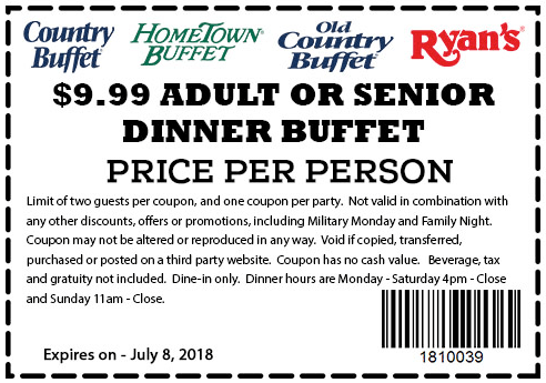 Old Country Buffet Coupon April 2024 $10 endless dinner buffet at Ryans, HomeTown Buffet & Old Country Buffet