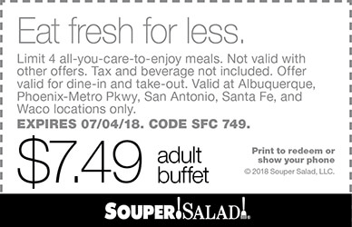 Souper Salad Coupon April 2024 $7.49 buffet at Souper Salad restaurants