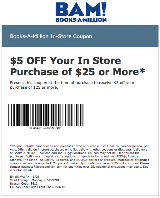Books-A-Million Coupon April 2024 $5 off $25 at Books-A-Million