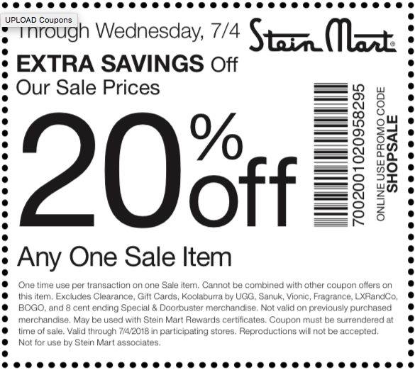 Stein Mart Coupon April 2024 20% off a single sale item at Stein Mart, or online via promo code SHOPSALE