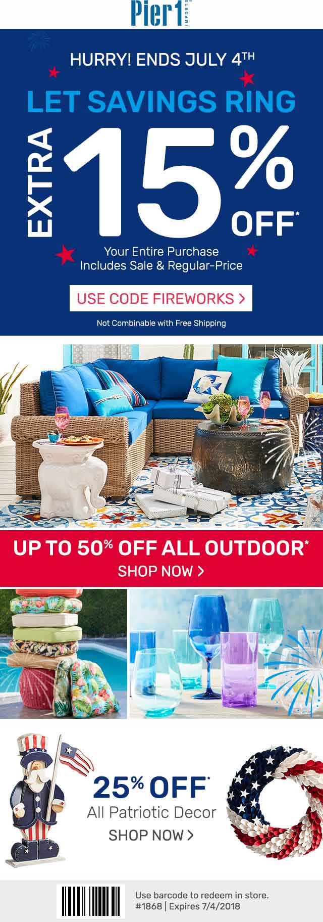Pier 1 Coupon March 2024 15% off everything at Pier 1 Imports, or online via promo code FIREWORKS