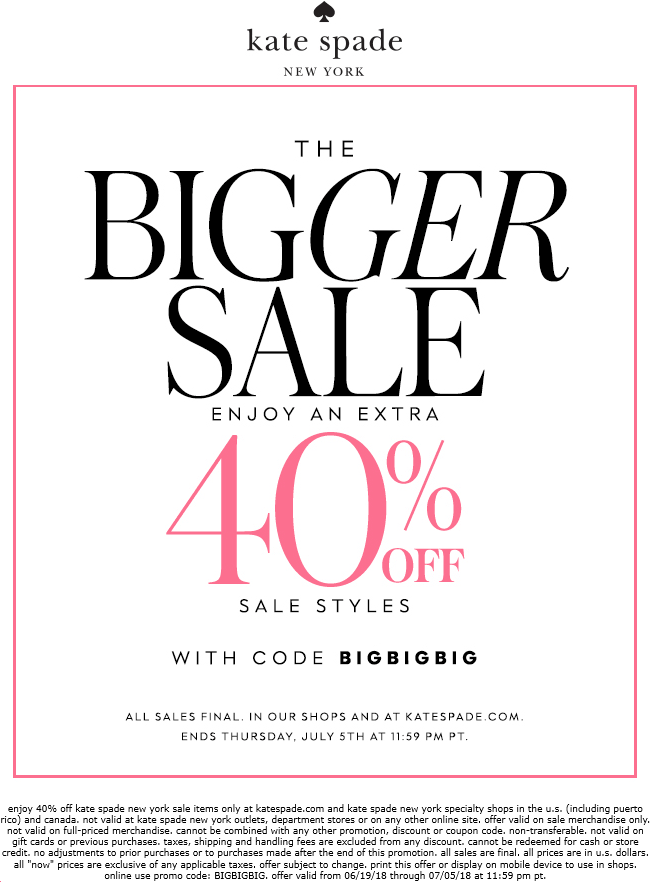 Kate Spade Coupon April 2024 Extra 40% off sale styles at Kate Spade, or online via promo code BIGBIGBIG