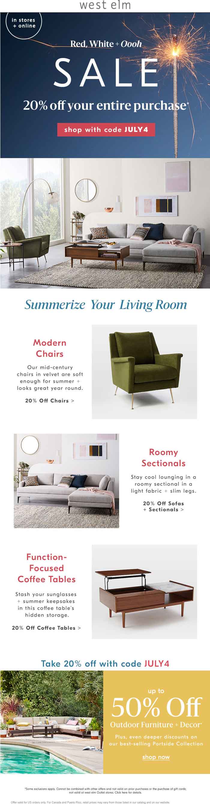 West Elm Coupon May 2024 20% off at West Elm, or online via promo code JULY4