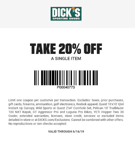 Dicks Coupon March 2024 20% off a single item at Dicks sporting goods, ditto online