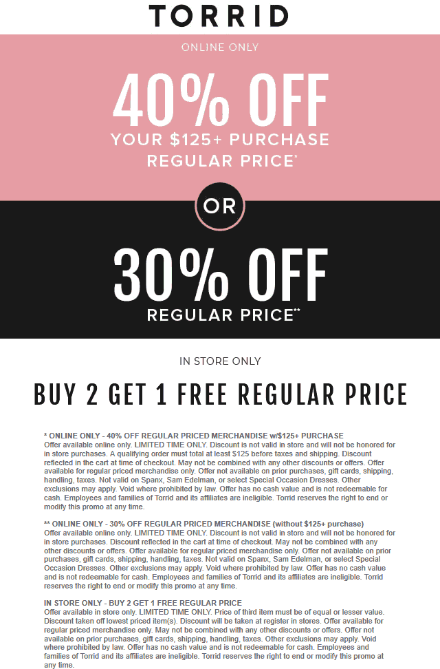 Torrid Coupon April 2024 3rd item free at Torrid, or 30-40% off online