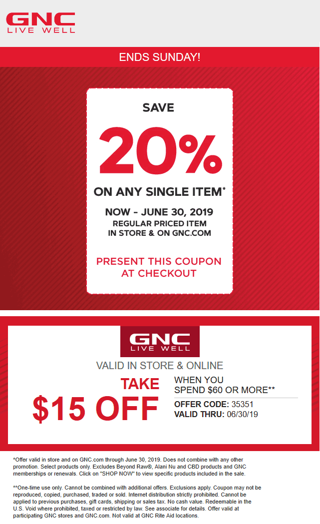 GNC Coupon April 2024 20% off a single item at GNC, or $15 off $60 online via promo 35351