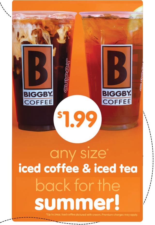 Biggby Coffee restaurants Coupon  Large iced coffee or tea = $2 all summer at Biggby Coffee #biggbycoffee