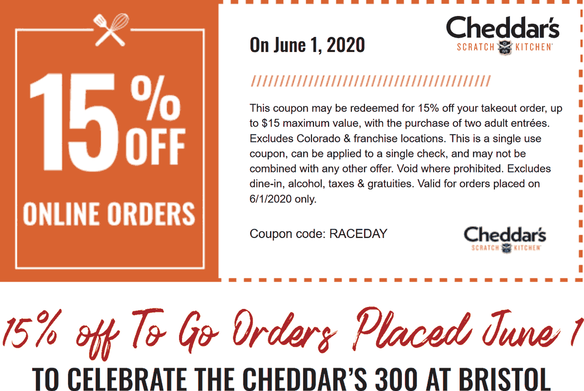 Cheddars Scratch Kitchen restaurants Coupon  15% off today at Cheddars Scratch Kitchen restaurants via promo code RACEDAY #cheddarsscratchkitchen