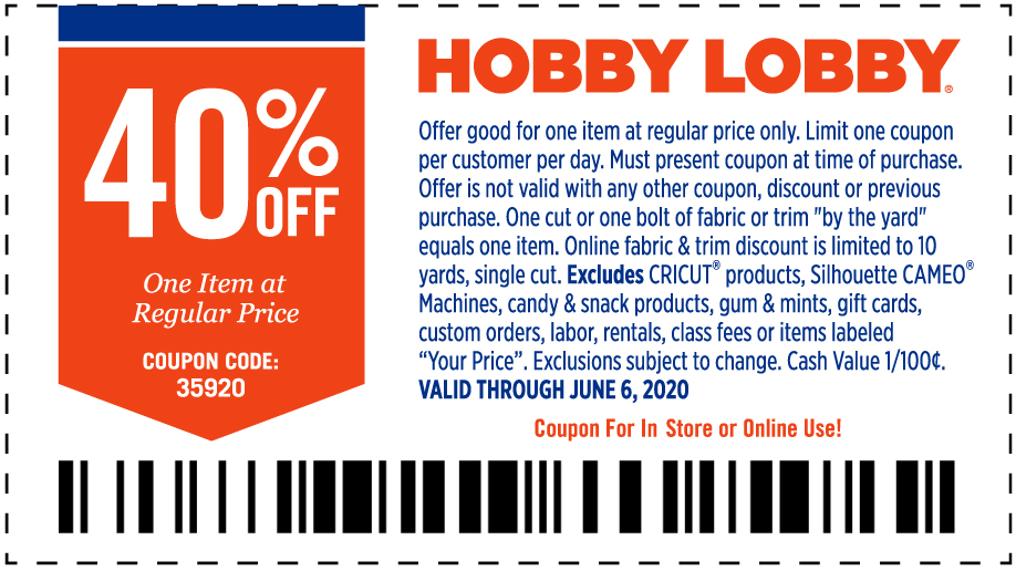 Hobby Lobby stores Coupon  40% off a single item at Hobby Lobby, or online via promo code 35920 #hobbylobby